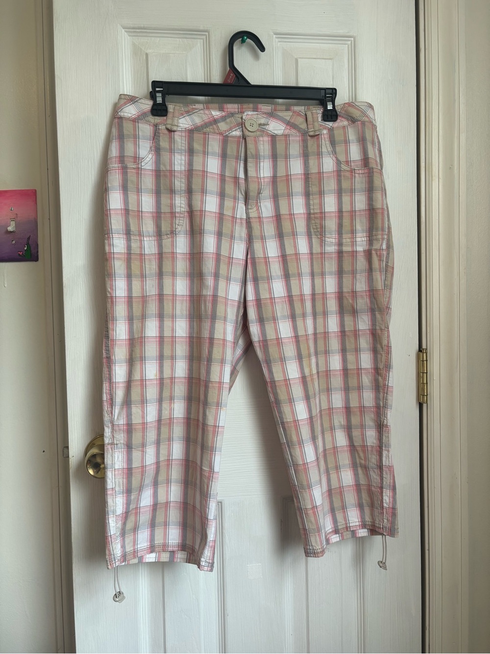 Fashion Bug Pink and Beige Plaid Capris with Drawstring Hem
